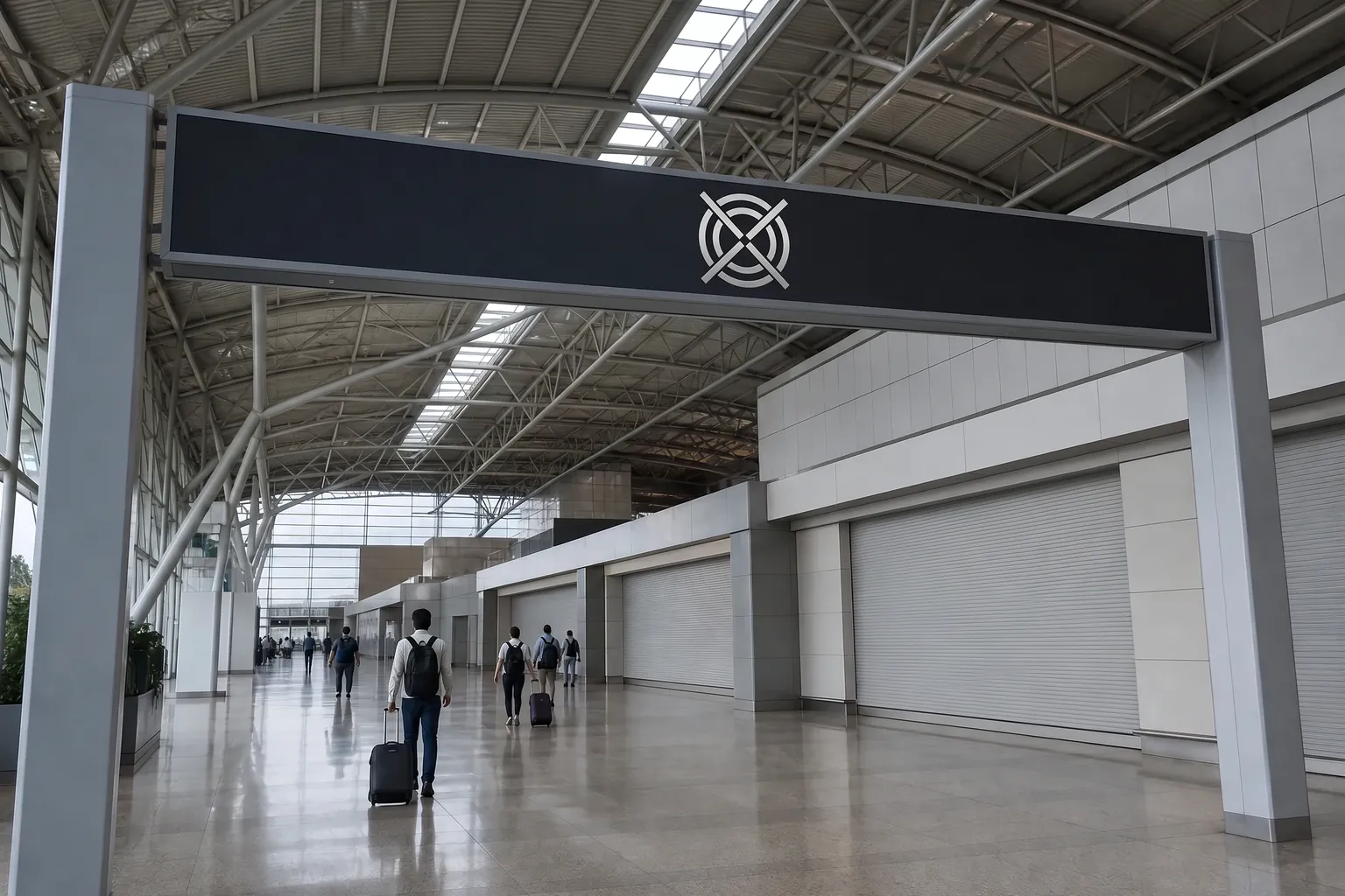 Airport concourse with overhead directional signage