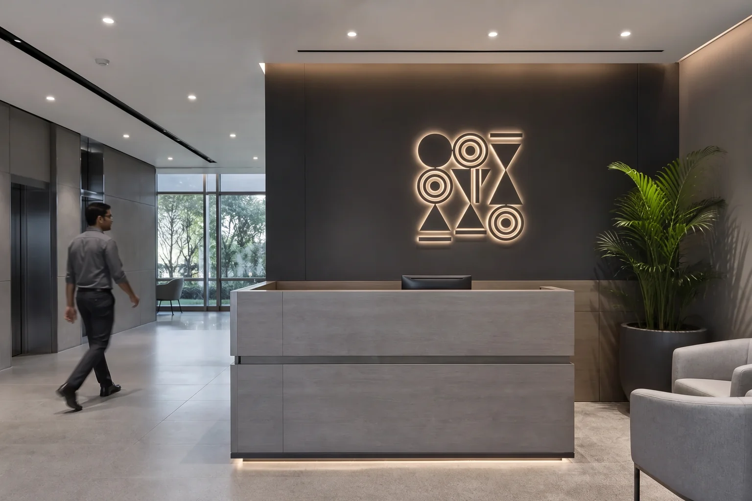 Open-plan office with ceiling services, lighting and joinery