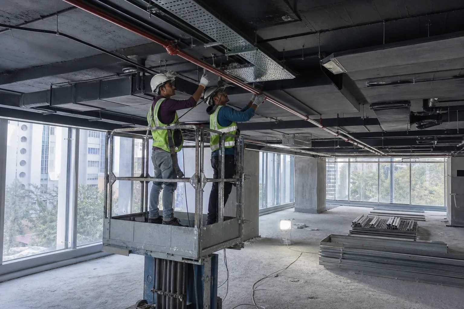 Co-working lounge with seating and acoustic treatment