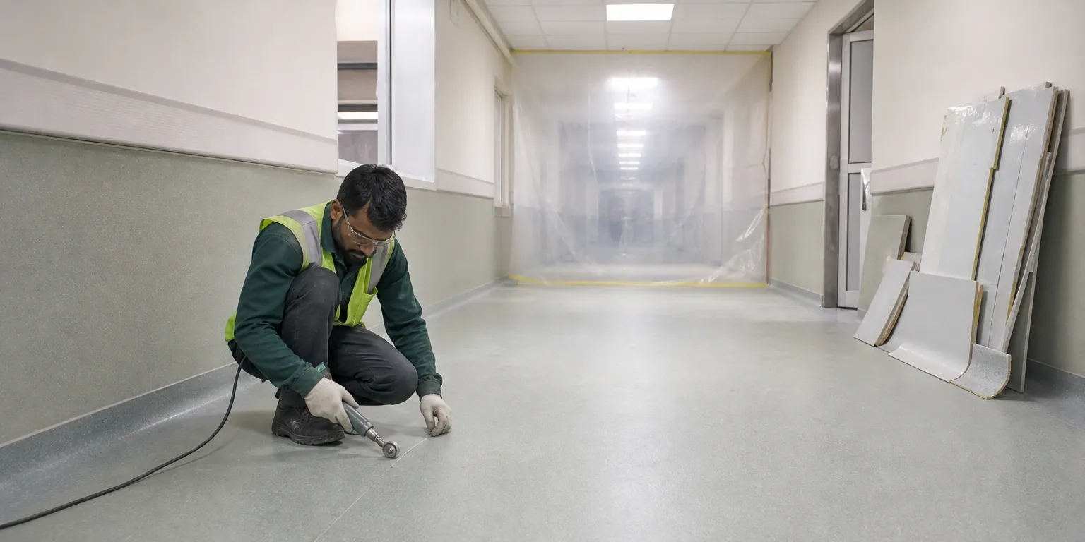 Welded vinyl flooring and coved skirting being laid in a hospital corridor behind a dust-containment screen