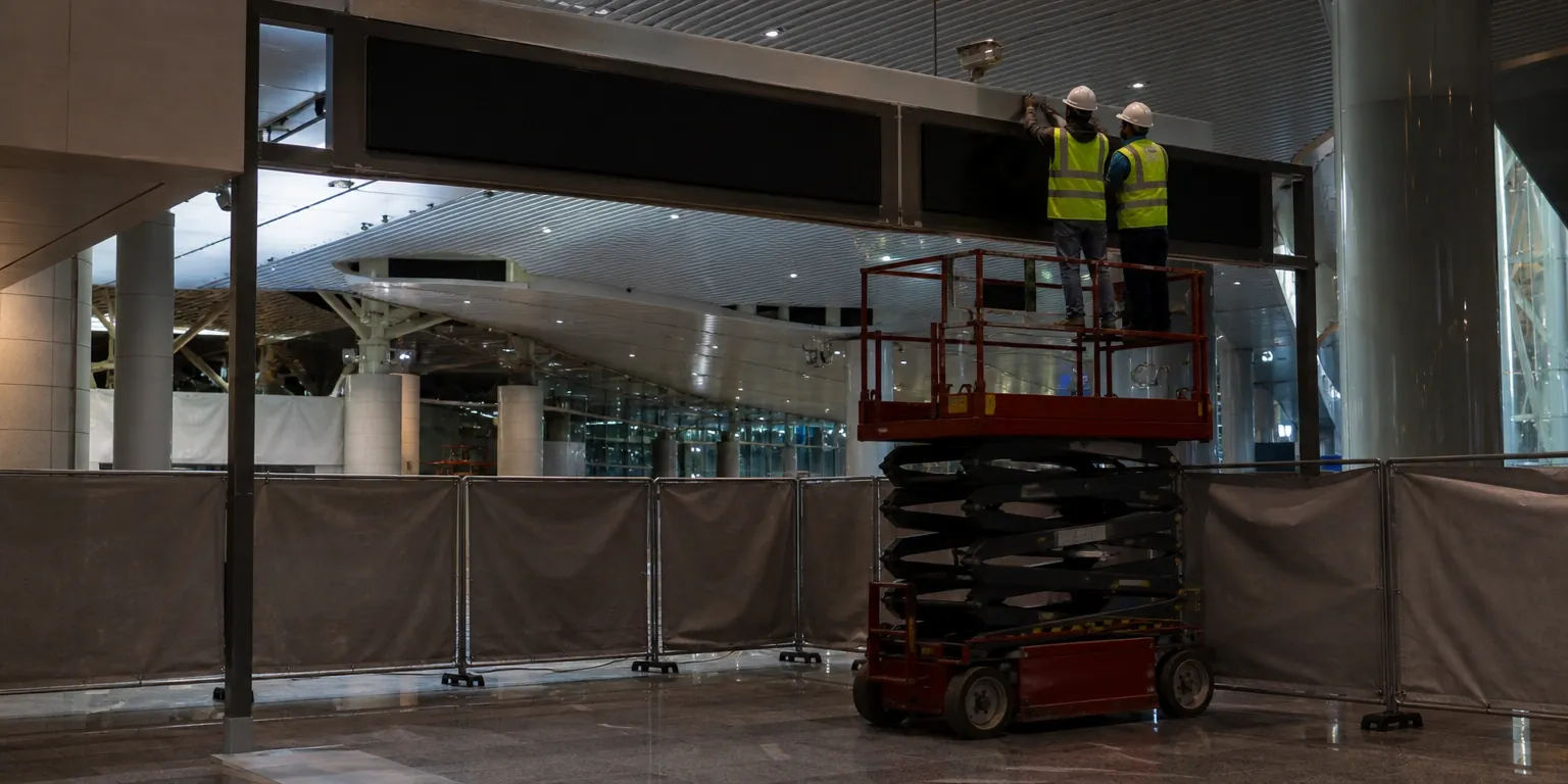 Badged installation crew fixing overhead signage inside a closed terminal area behind barricades
