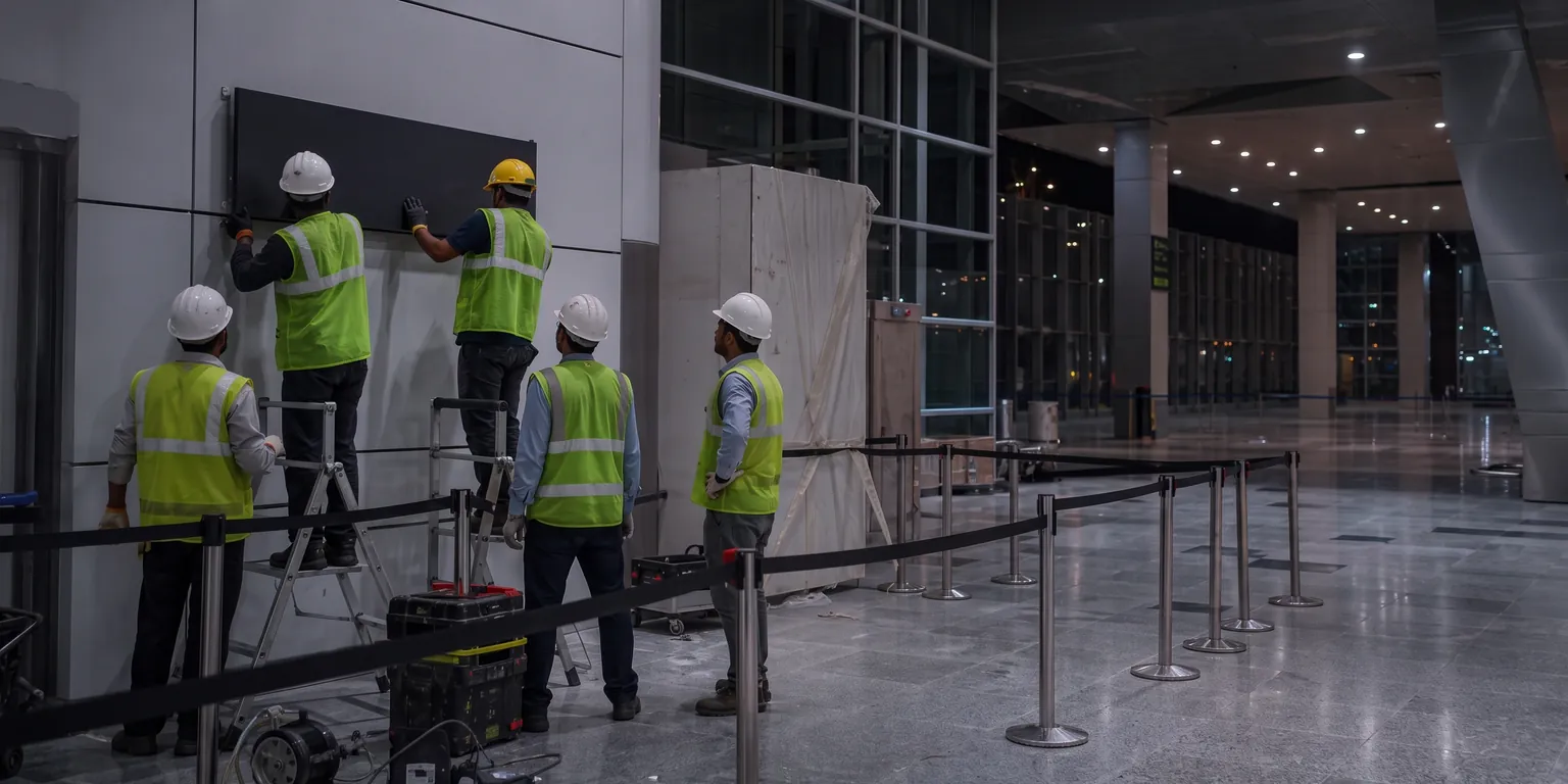 Airport departures concourse with overhead wayfinding signage and illuminated retail fascia