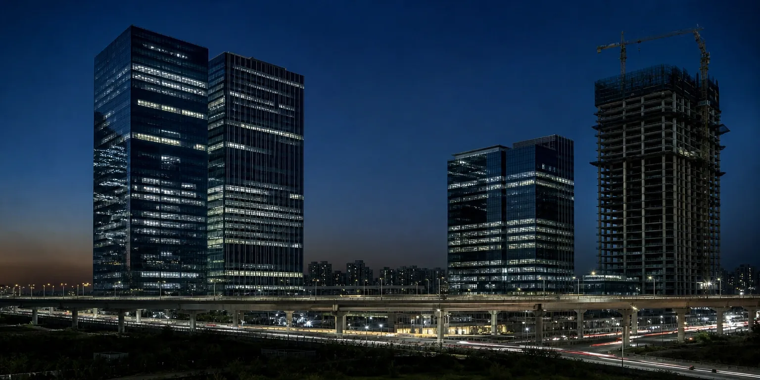 New commercial office towers under construction across an Indian business district skyline