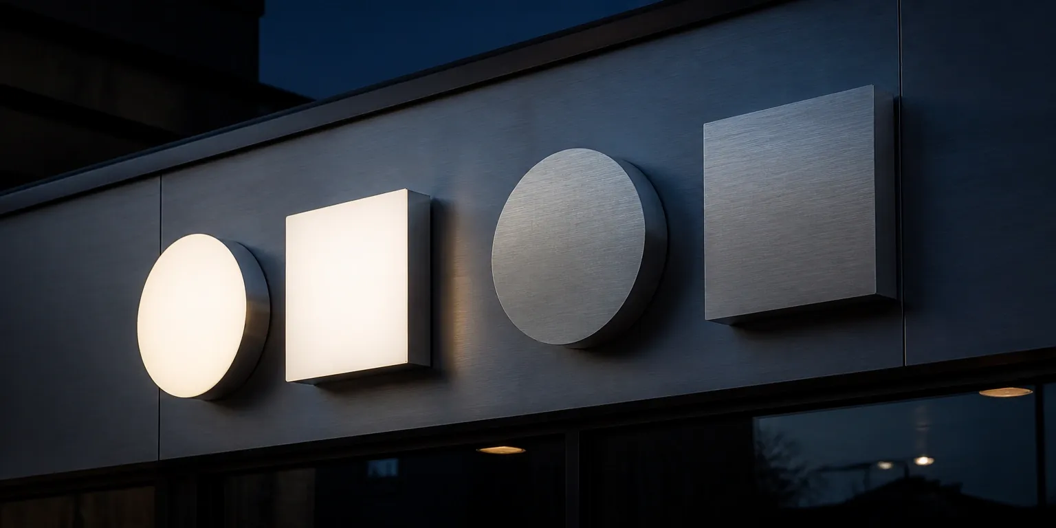 Two internally lit fabricated forms beside two identical unlit brushed-metal forms on the same facade at dusk