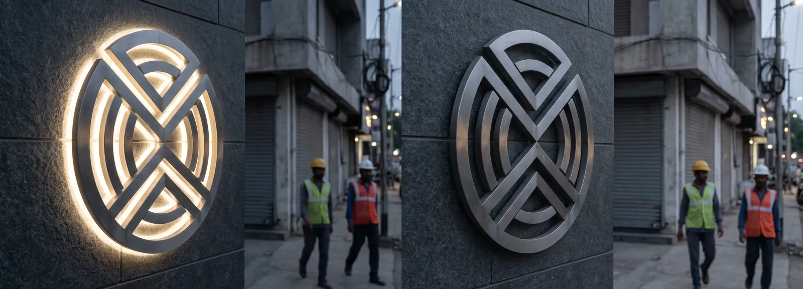 The same dimensional sign twice on one stone facade, halo-lit on the left and unlit on the right, at dusk