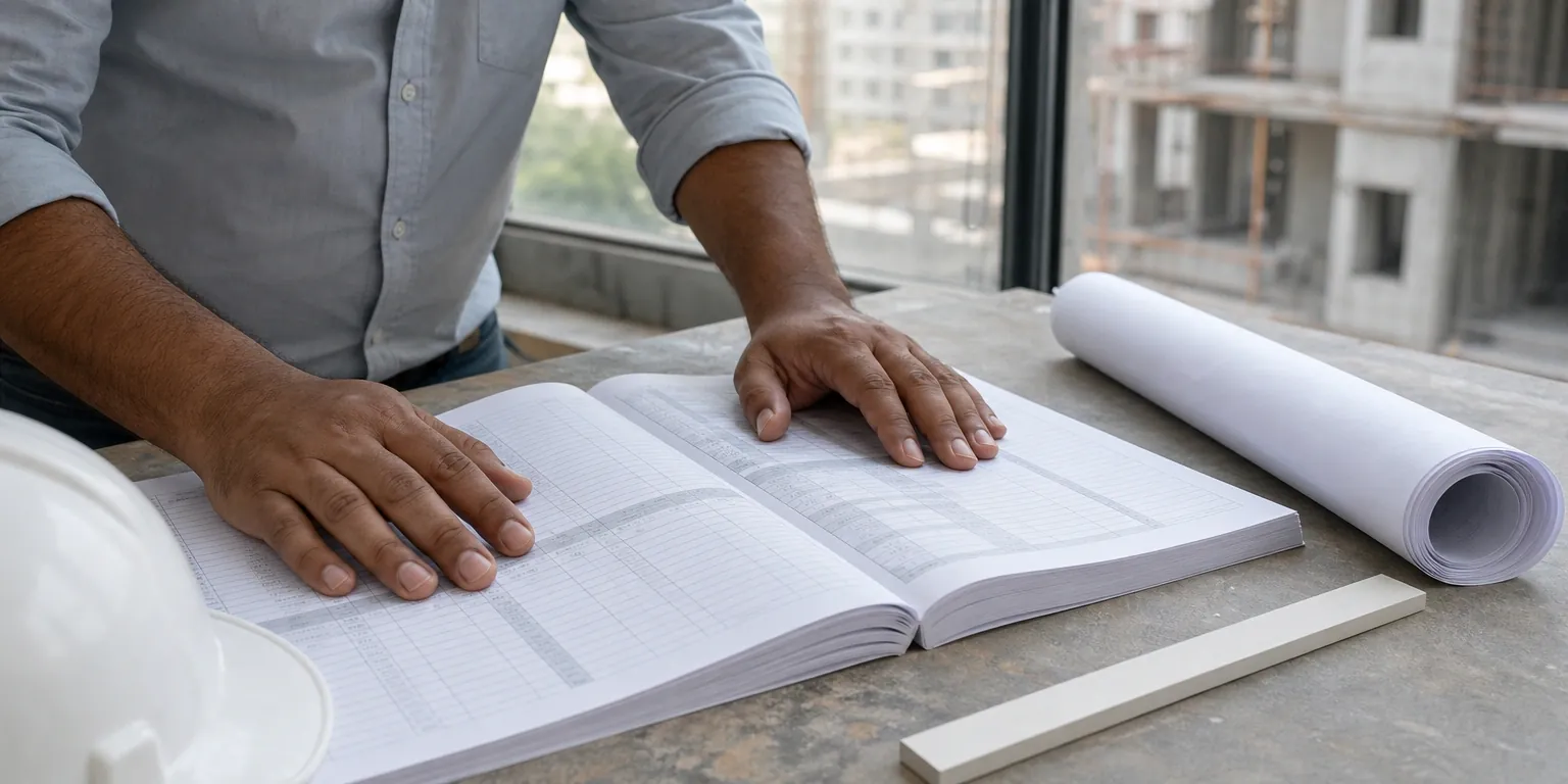 Marked-up bill of quantities and a rolled drawing set on a site table with a scale rule