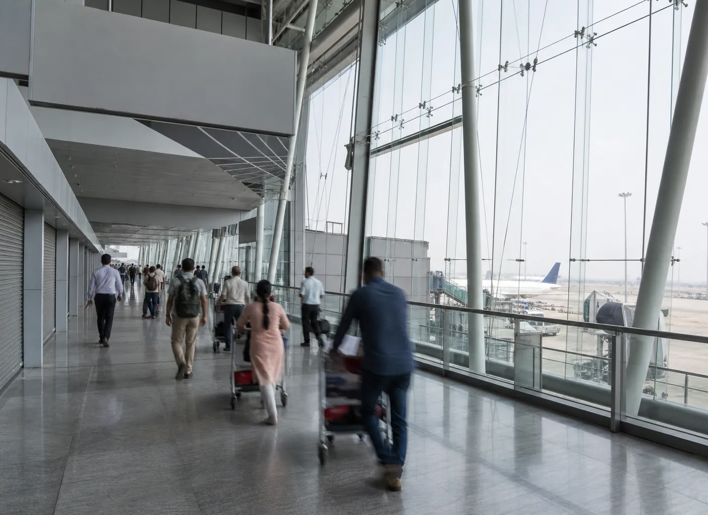 Airport departures concourse with travellers and aircraft visible beyond the glazed facade