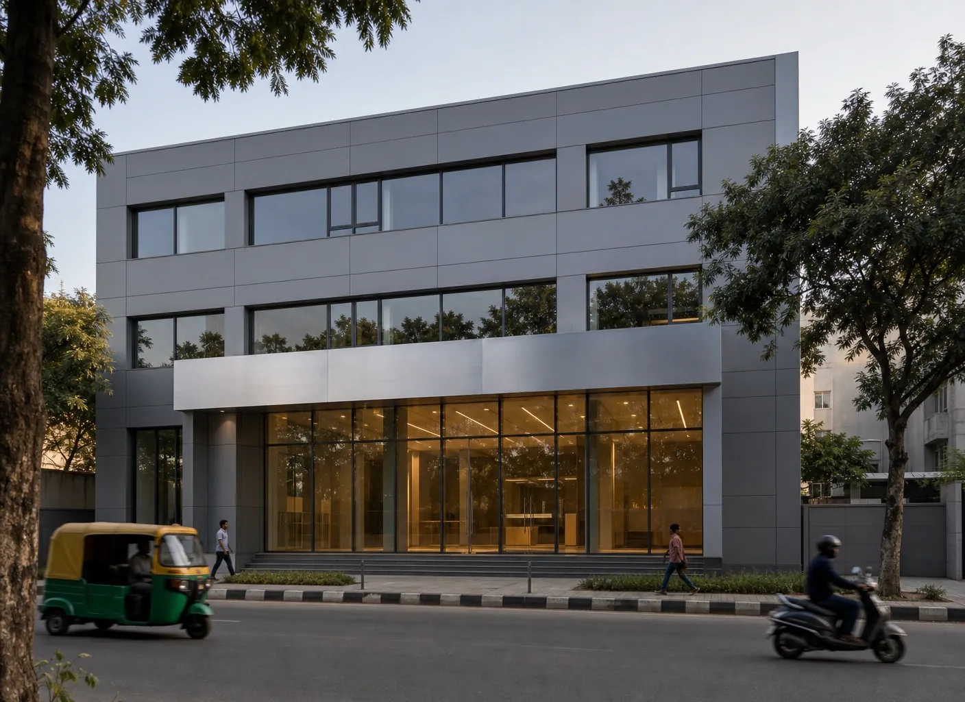 Composite-panel office and branch building with a double-height glazed entrance