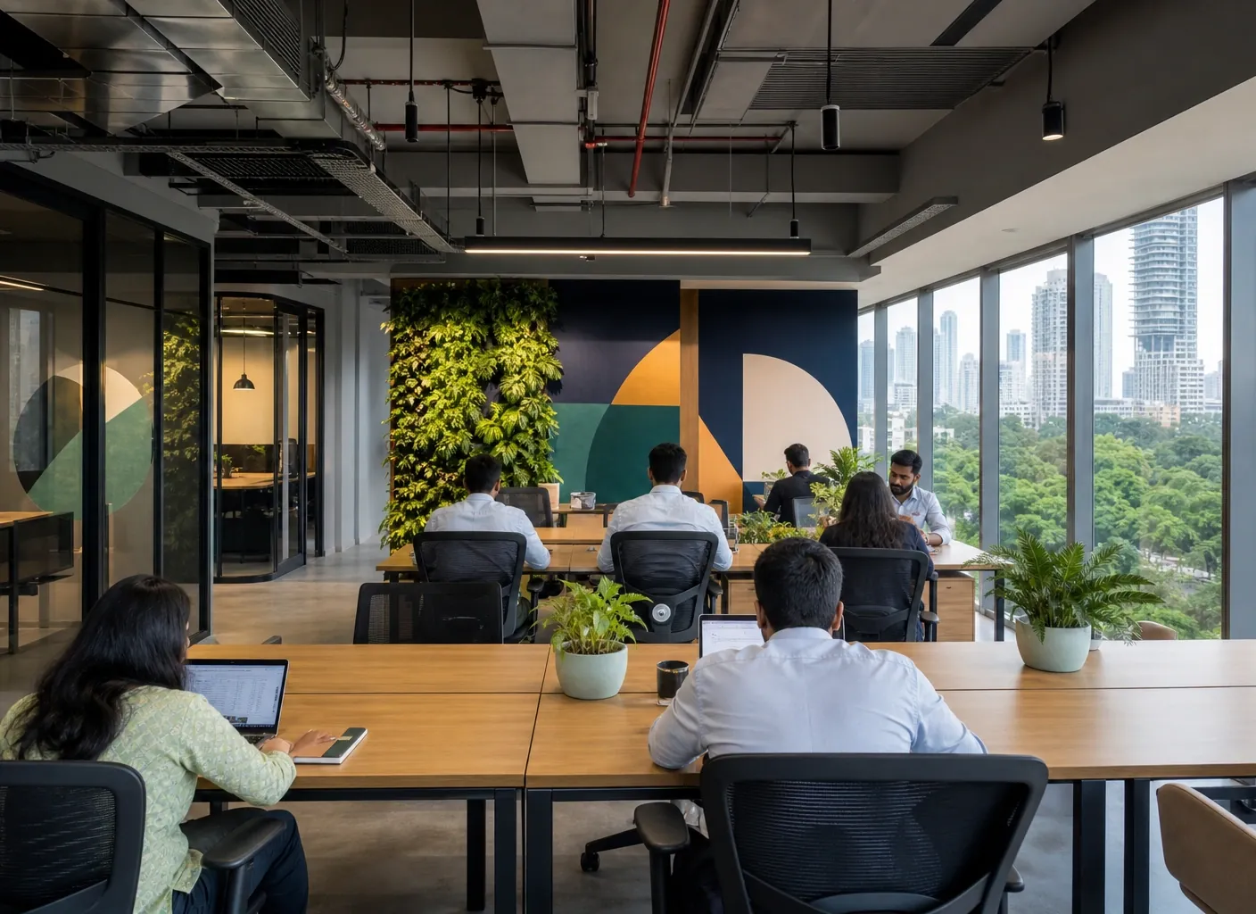 Co-working floor with shared desks, a living wall and glazed focus pods