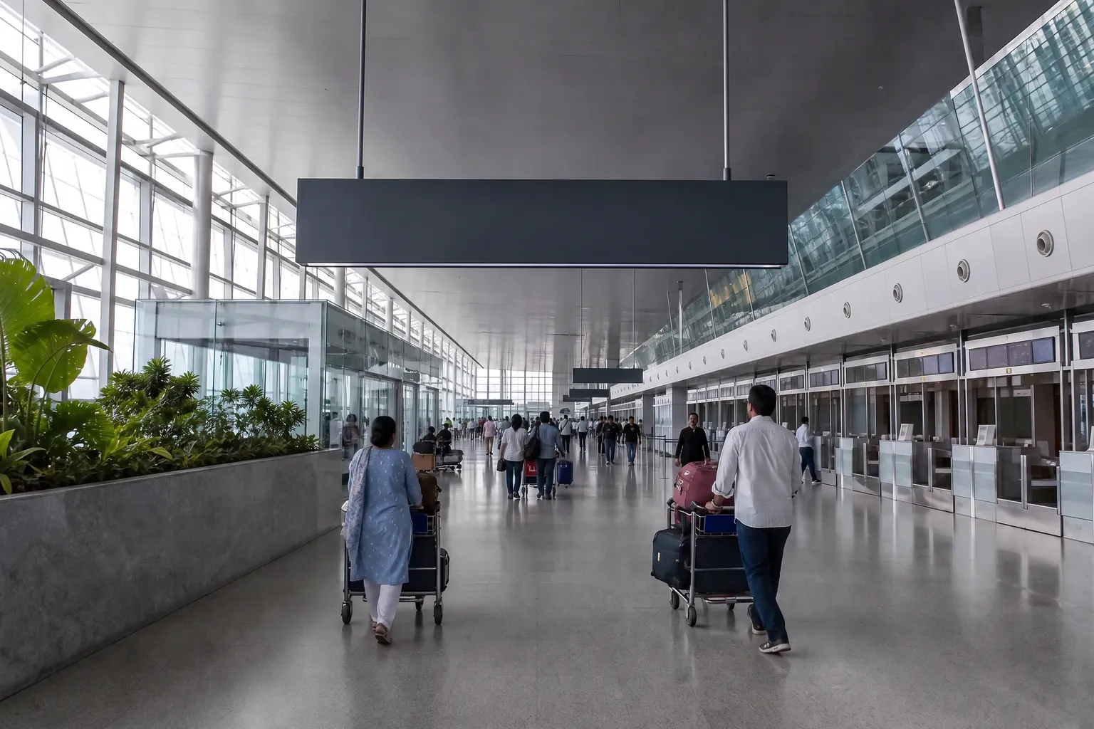 Overhead gate and baggage wayfinding signage above a departures concourse in an active terminal