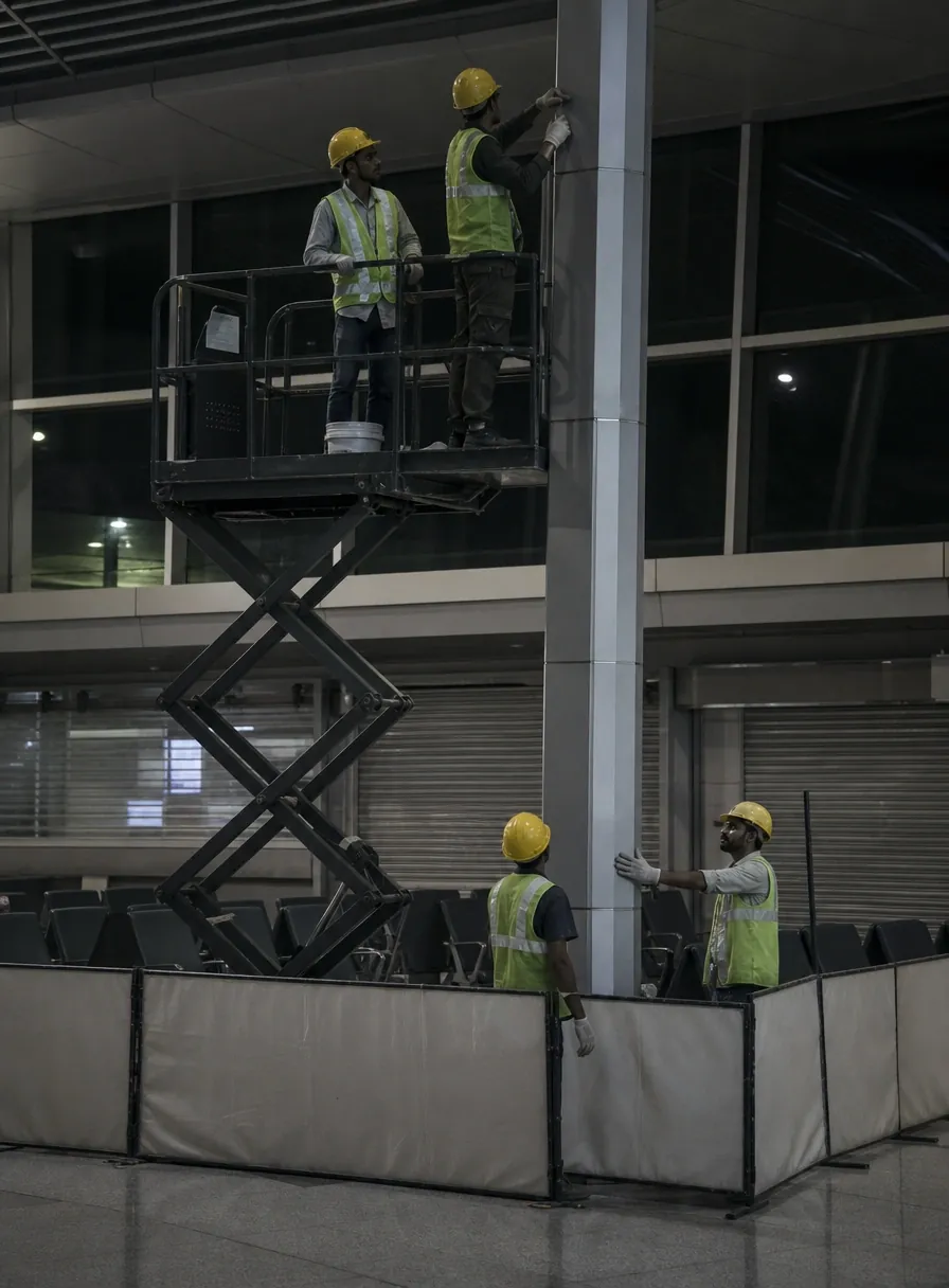 Night-shift crew installing terminal signage behind hoarding while the concourse is closed to passengers
