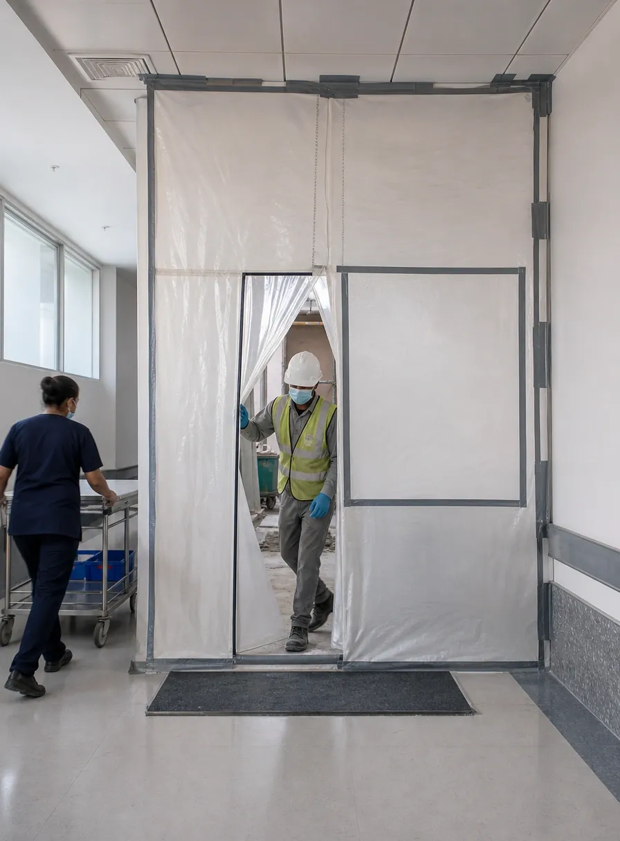 Temporary dust barrier sealing an active ward from the adjoining construction zone