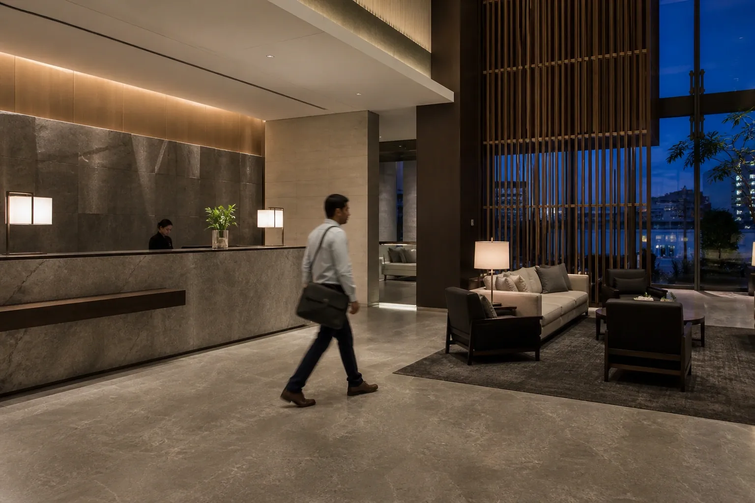 Hotel lobby with a lacquered reception counter, stone flooring and a custom pendant lighting feature