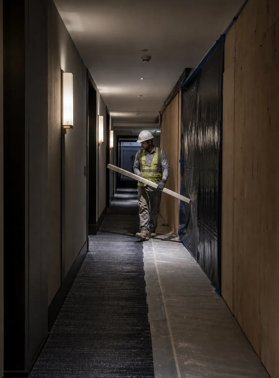 Hotel guest corridor being refurbished floor by floor while adjacent rooms remain occupied
