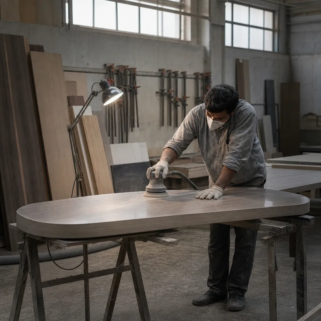 Veneered bar front joint being finished by hand in the in-house carpentry workshop