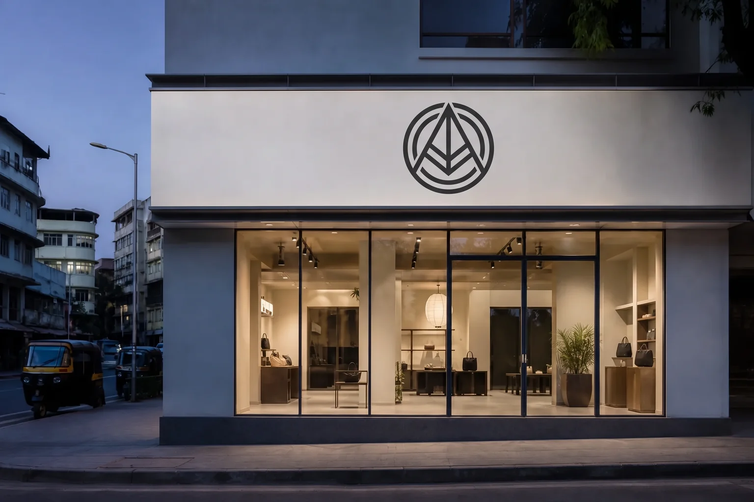 Illuminated fascia sign and lit window display on a newly fitted-out street-level fashion store at dusk