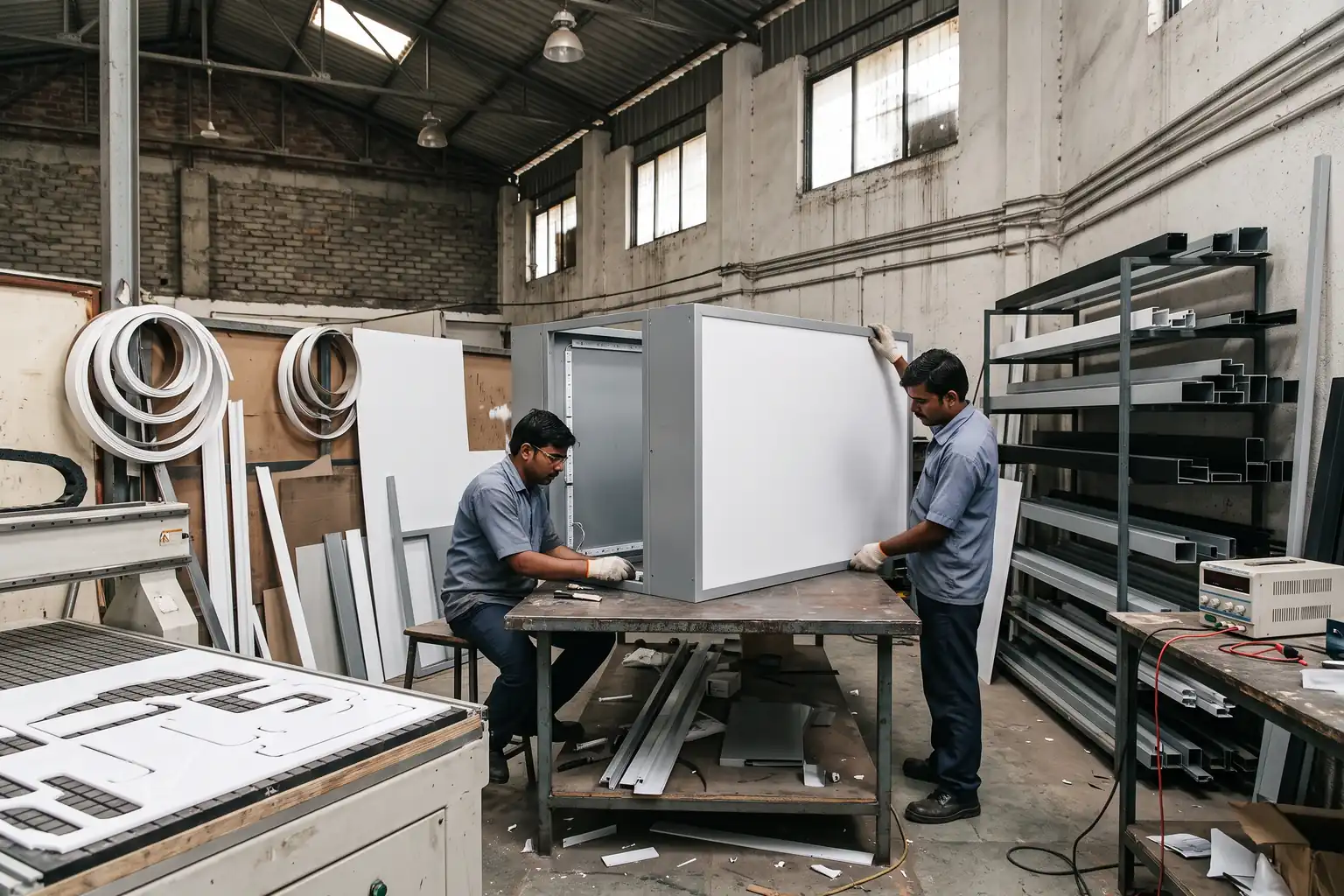 Two technicians assembling a fabricated aluminium sign box at the IBS manufacturing facility in Mumbai