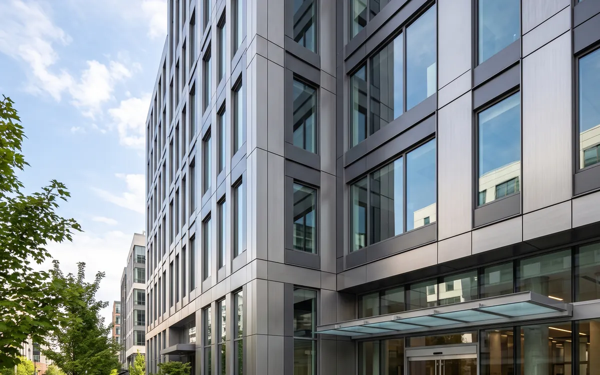 Commercial building facade clad in aluminium composite panel