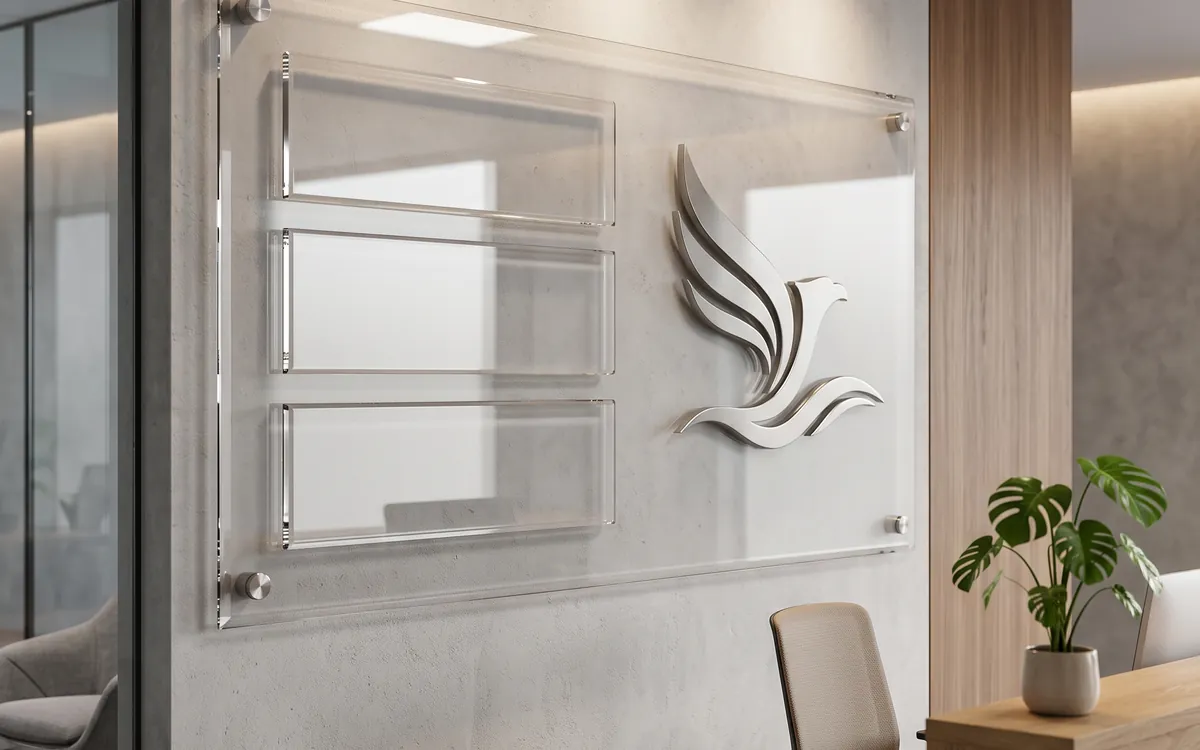 Premium clear acrylic sign board with a raised metal emblem on a reception wall