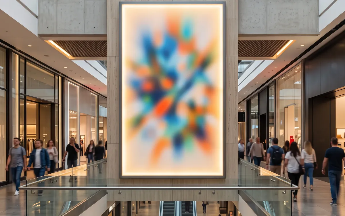 Backlit fabric light-box signage panel in a retail mall interior