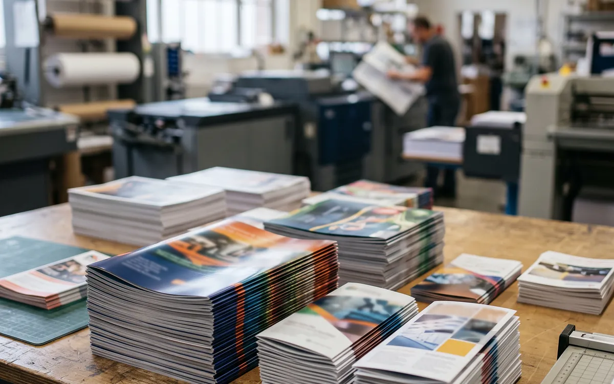 Stacks of premium printed brochures on a finishing table