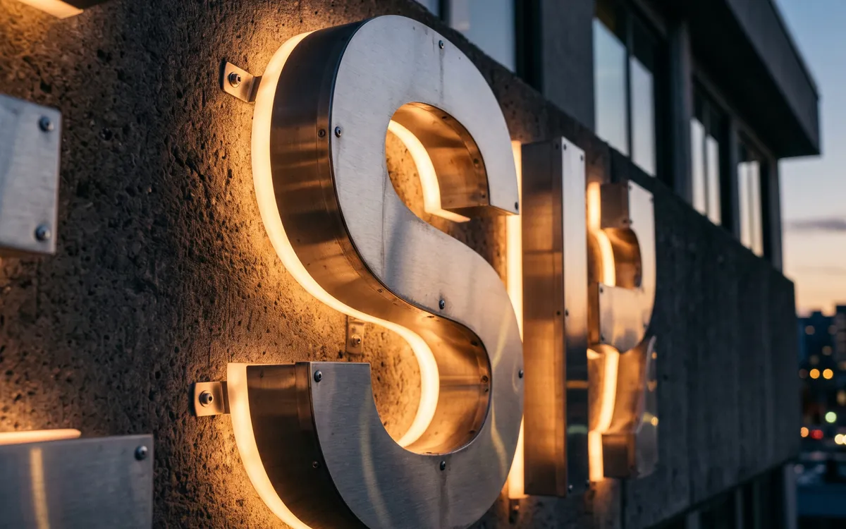 Illuminated 3D stainless-steel channel letters on a building fascia