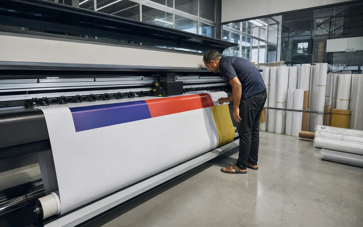 Completed flex banner printing installed at a commercial site in India