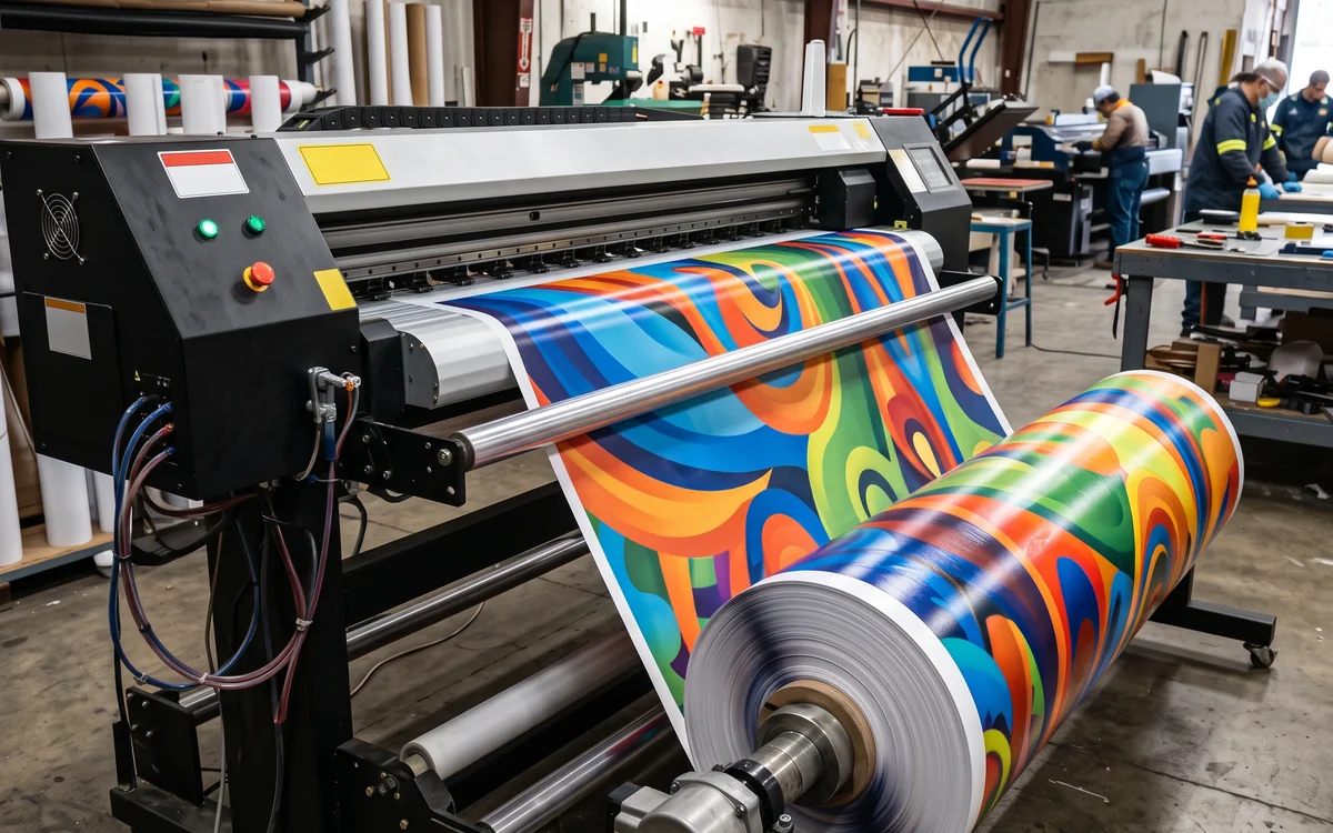 Freshly printed flex banner roll on a large-format printer