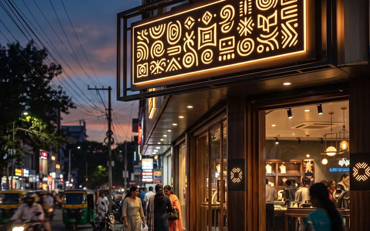 Backlit acrylic glow sign board on a retail shopfront at dusk