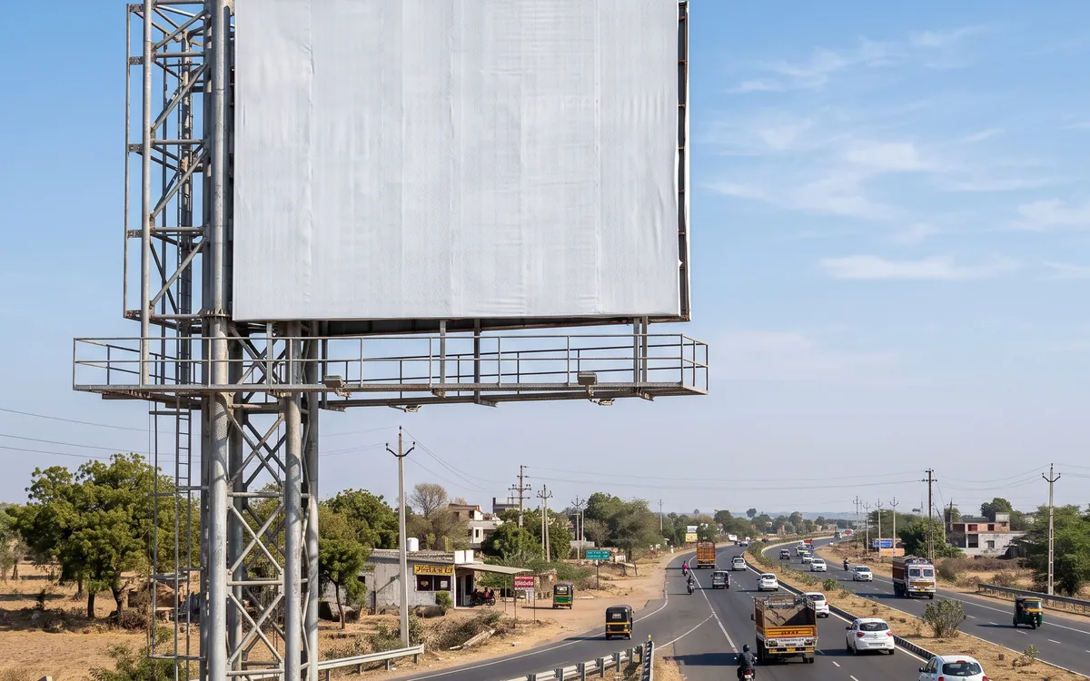 Large outdoor billboard hoarding structure beside a highway