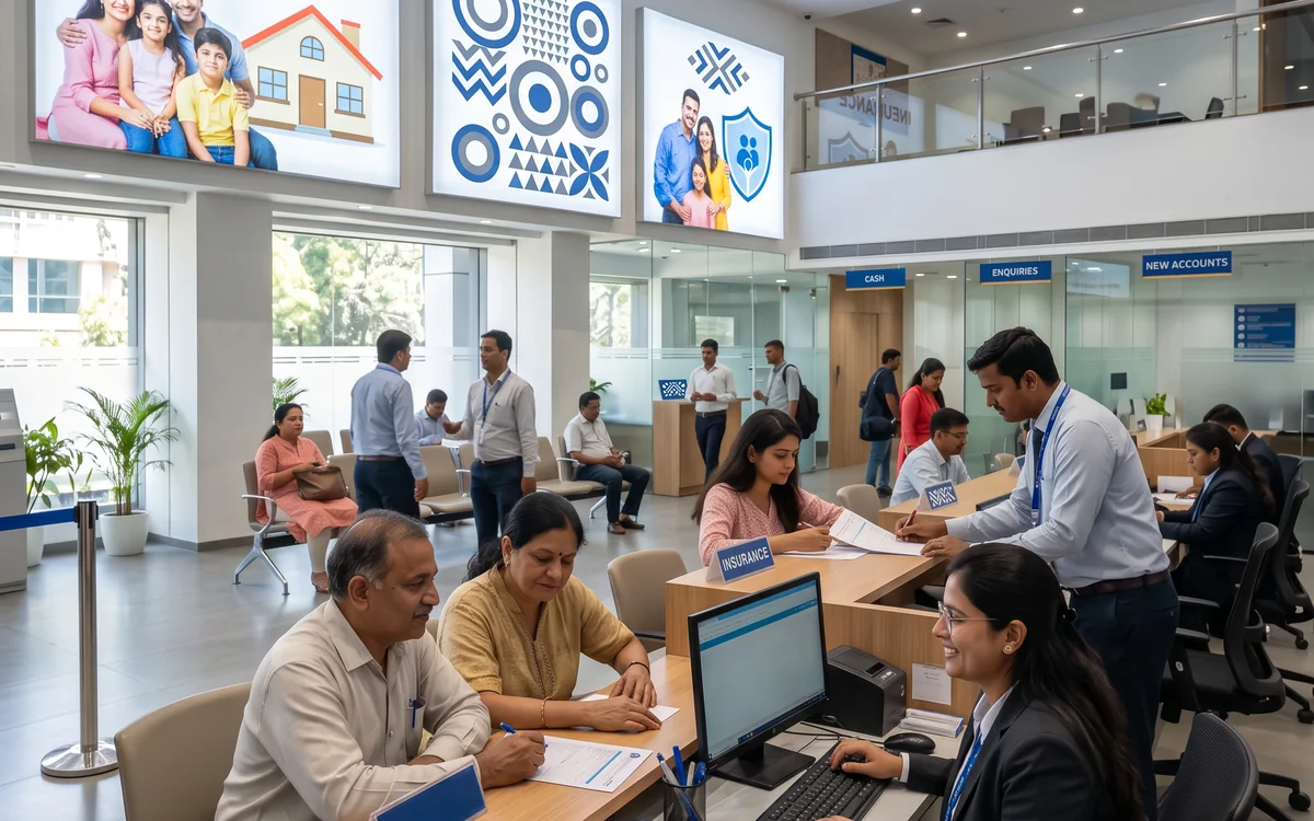 Bank branch interior with wall graphics and counter signage