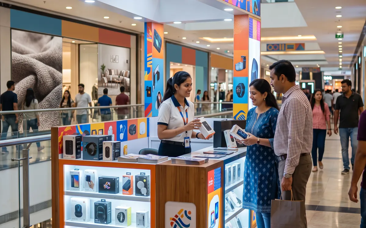 Branded retail promotional kiosk in a shopping-mall concourse