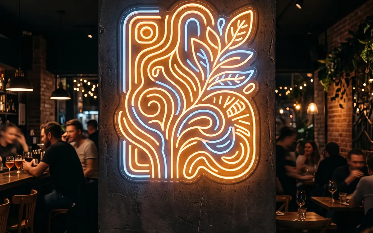 LED neon-flex sign glowing on a cafe feature wall