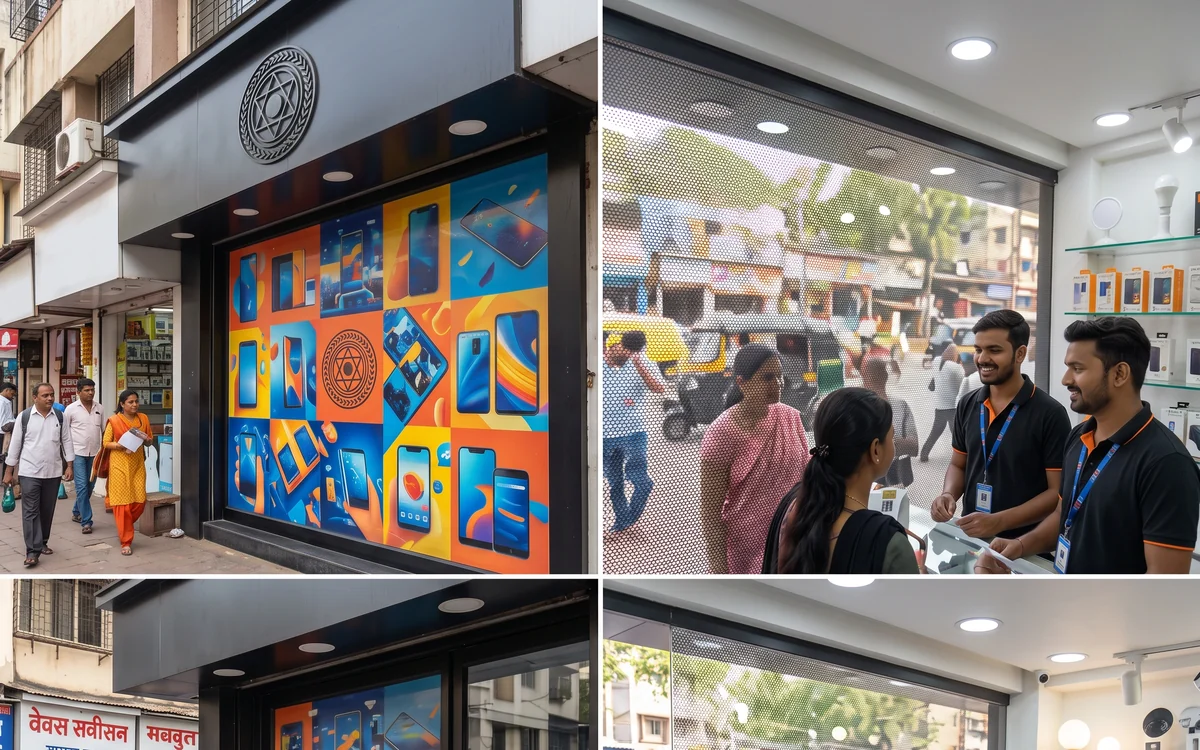 Perforated one-way-vision graphic film on a glass shopfront window