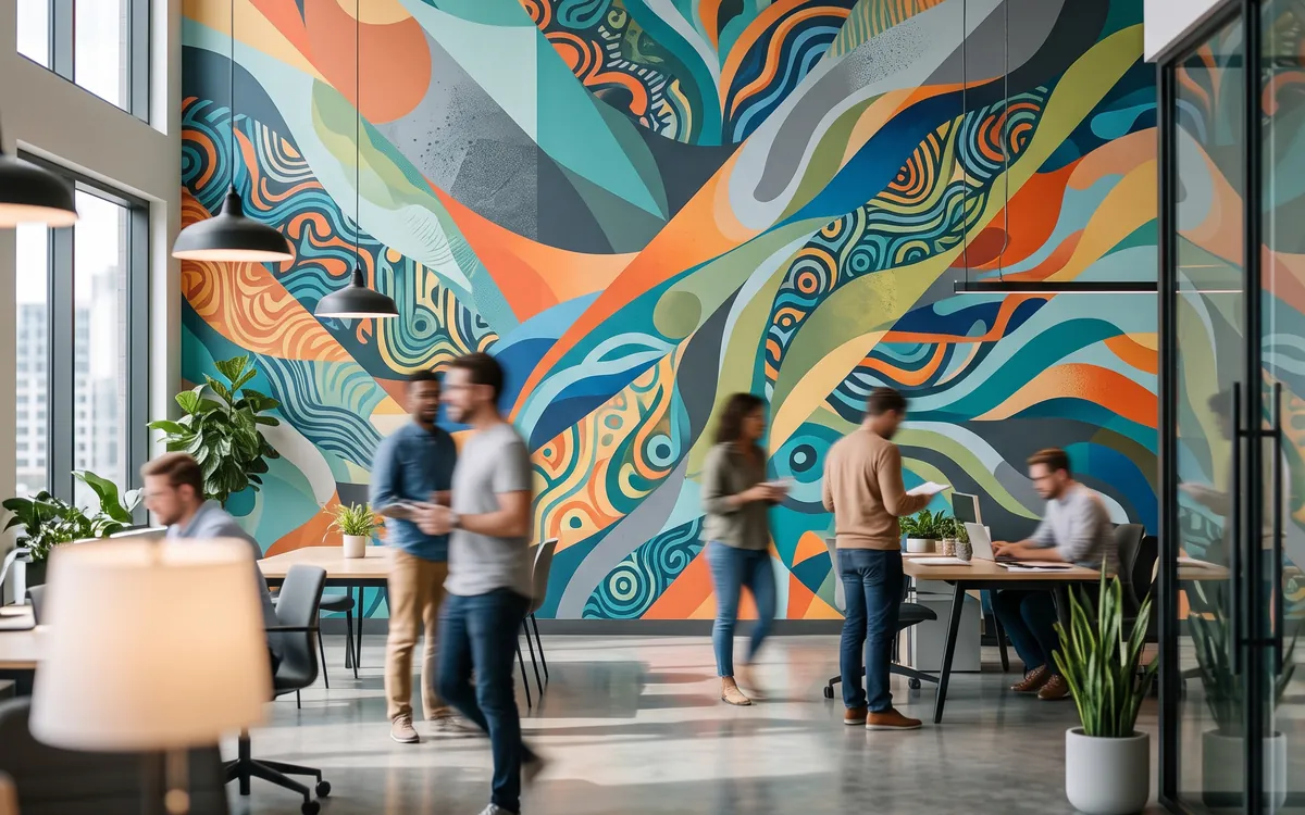 Large printed wall graphic mural on an office feature wall