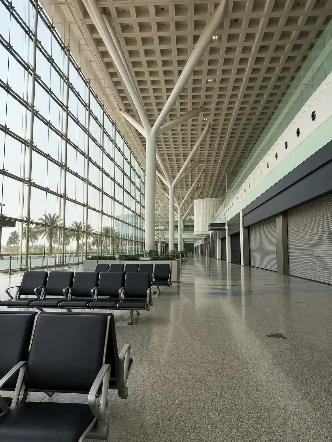 Airport terminal concourse with a full-height glazed curtain wall and polished terrazzo floor