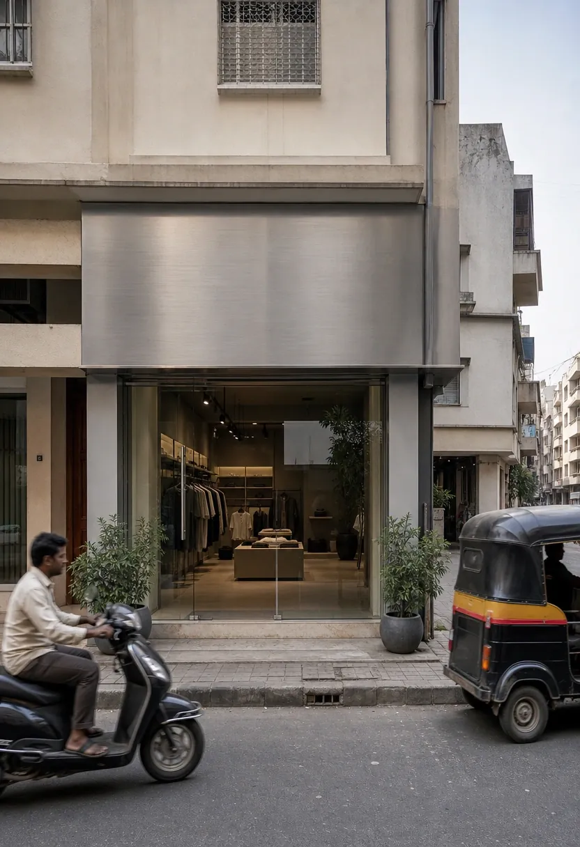 Retail storefront with a brushed-metal fascia and full-height glazing on an Indian high street