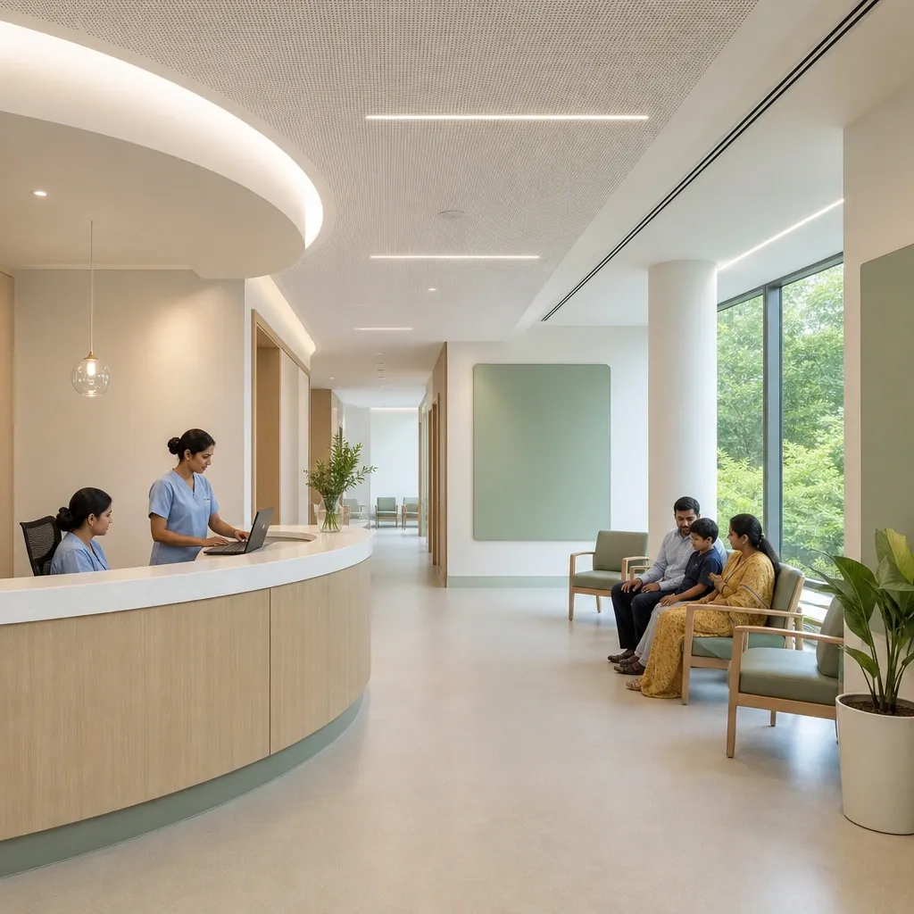 Hospital reception with a curved veneer desk, seamless vinyl flooring and an acoustic ceiling
