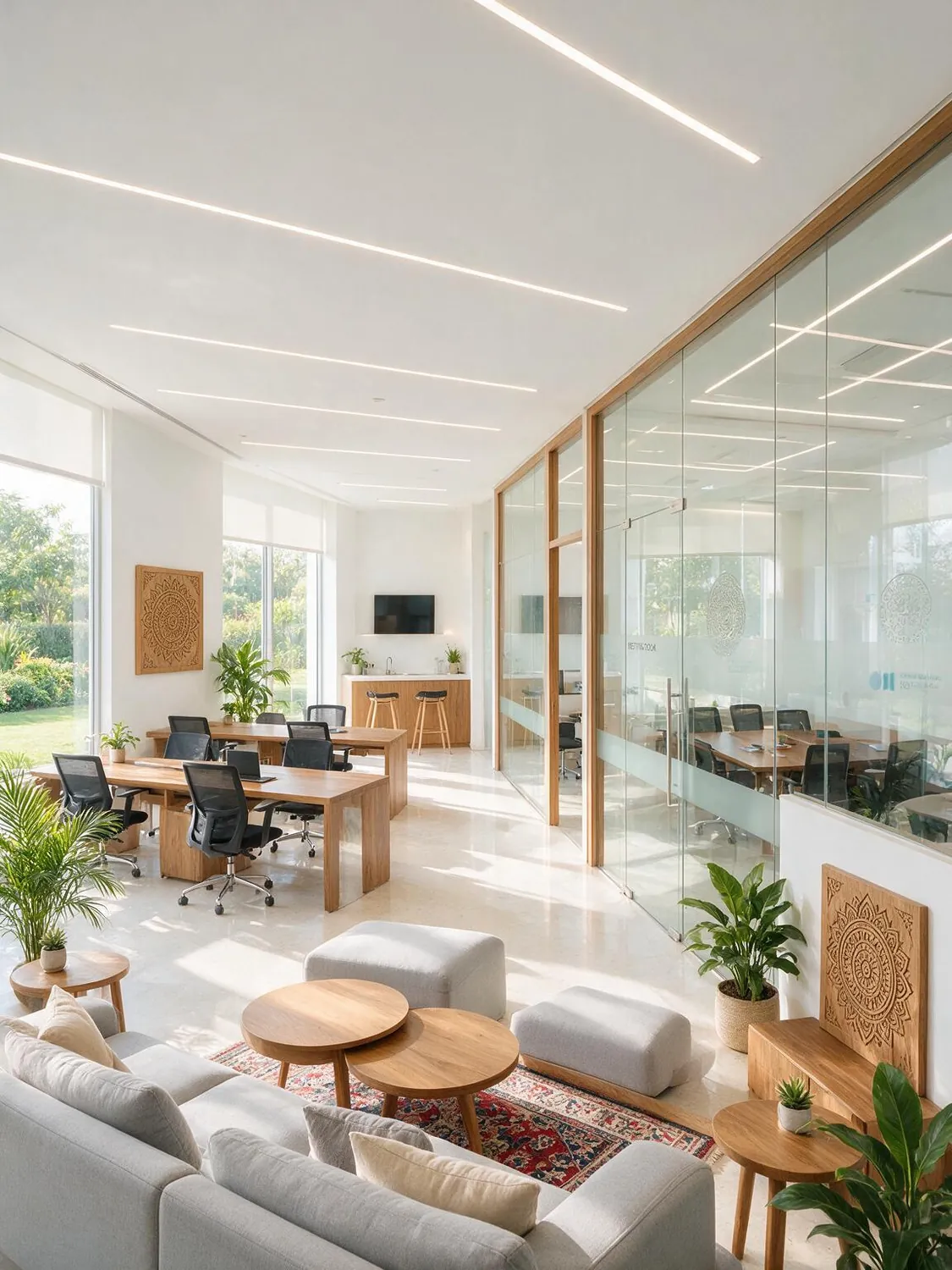 Completed office interior with glazed meeting rooms, timber joinery and recessed linear lighting